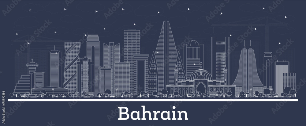 Outline Bahrain city skyline with white buildings. Business travel and tourism concept with historic architecture. Bahrain cityscape with landmarks.