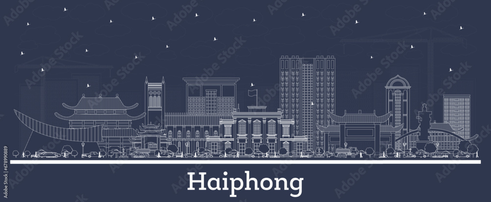 Outline Haiphong Vietnam city skyline with white buildings. Business travel and tourism concept with historic architecture. Haiphong cityscape with landmarks.