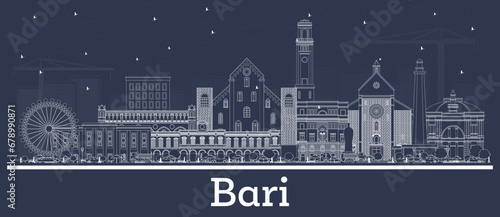 Outline Bari Italy city skyline with white buildings. Business travel and tourism concept with historic architecture. Bari cityscape with landmarks.