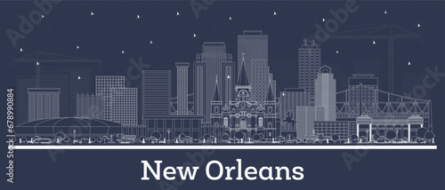 Outline New Orleans Louisiana city skyline with white buildings. Business travel and tourism concept with historic architecture. New Orleans cityscape with landmarks.