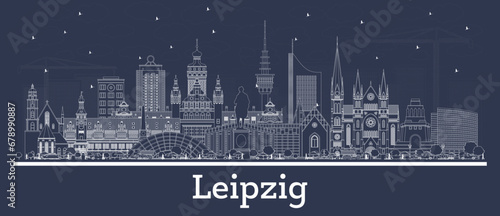 Outline Leipzig Germany city skyline with white buildings. Business travel and tourism concept with historic architecture. Leipzig cityscape with landmarks.