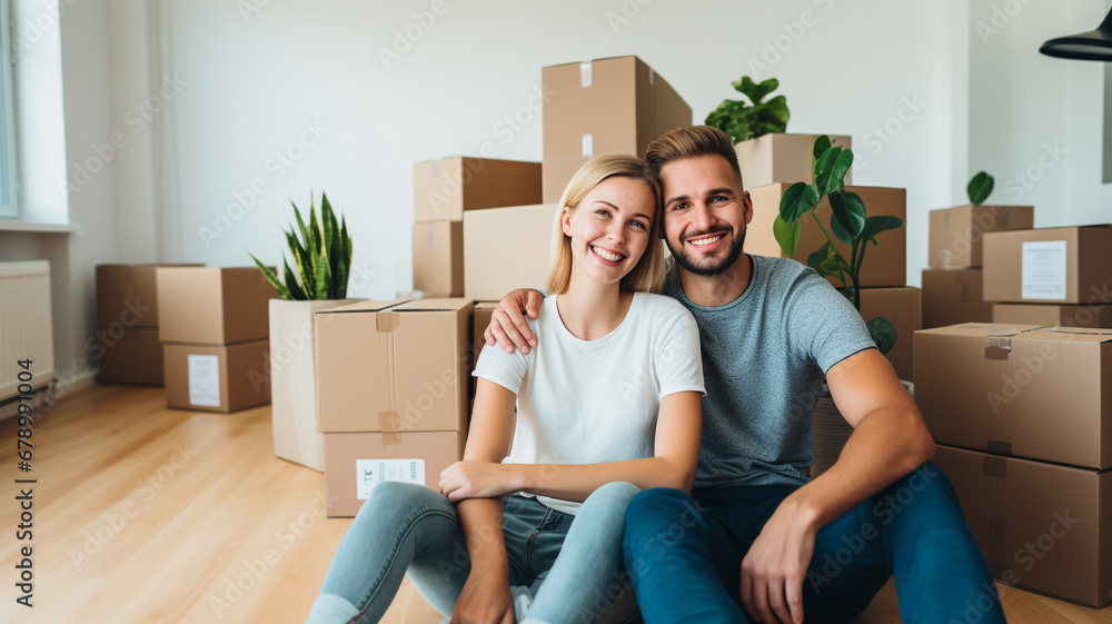 Happy couple having break during moving to new house. Happy couple having break during moving to new house.