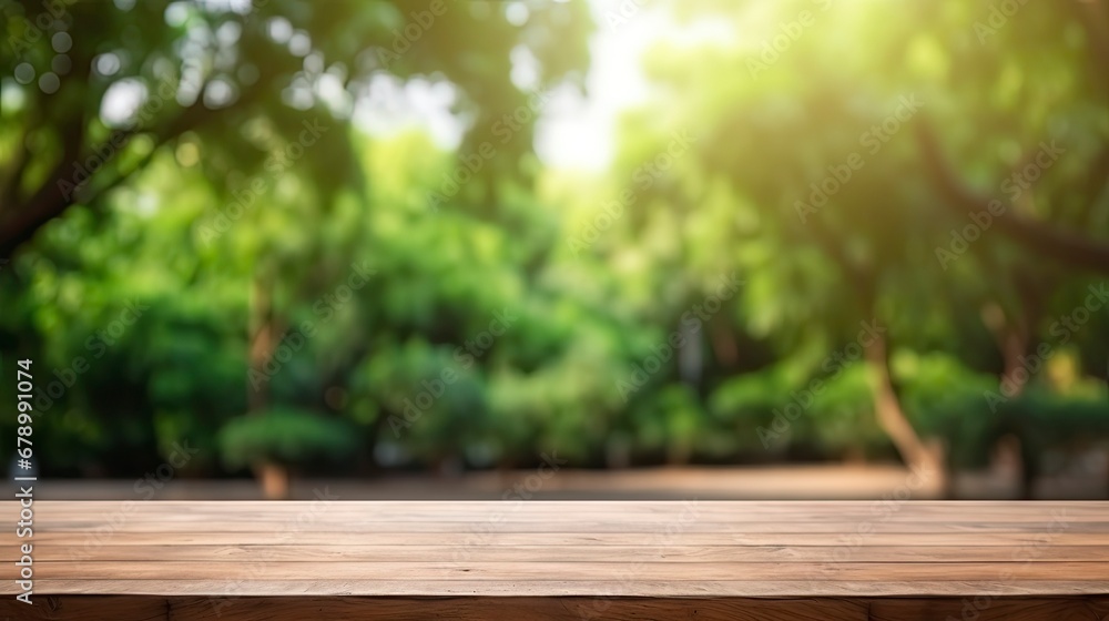 Wooden Table Top with Blurred Green Park Garden as Background. Wooden Table Top with Blurred Green Park Garden as Background.