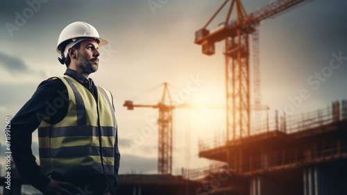 Engineer controls construction site and sunrise