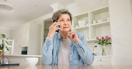 Home, phone call and senior woman with conversation, network and thinking with discussion. Apartment, elderly person and pensioner with a smartphone, relax and communication with digital app and idea