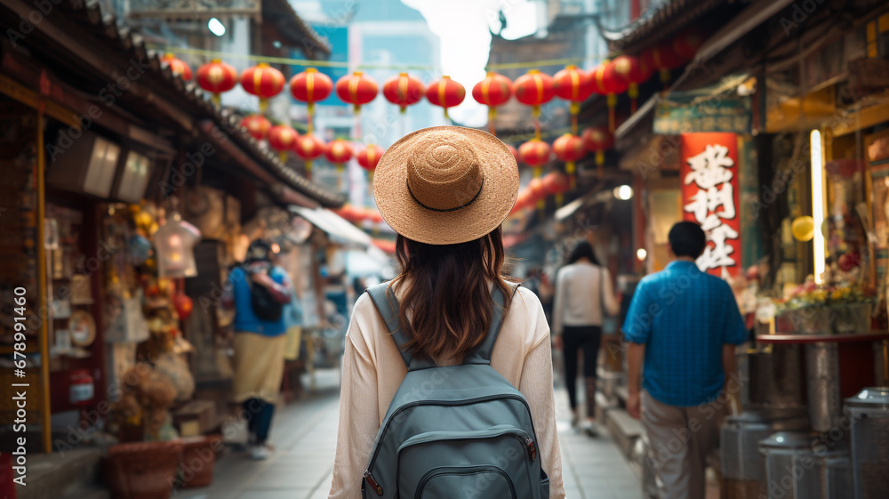Young female tourist stands in front of cultural attractions in Asia