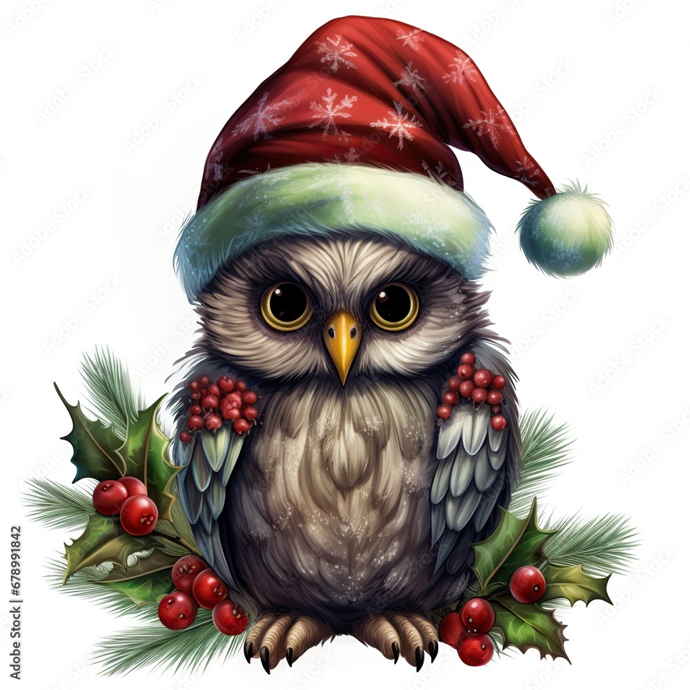 Festive Holly Hat Owl Clipart