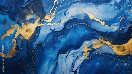 Abstract Blue Marble Texture with Golden Splashes Luxury Background.
