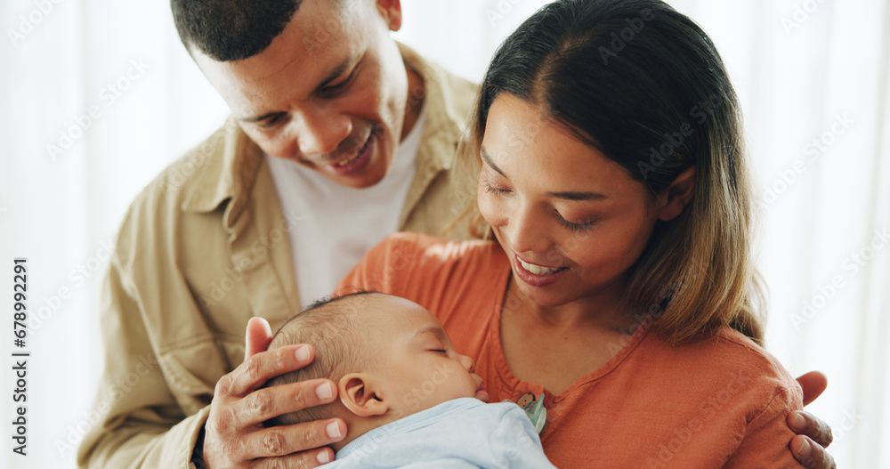Family, love and parents with baby happy for bonding, healthy relationship and childcare in home. Smile, childhood and mother, father and newborn infant embrace, care and relax together for happiness Family, love and parents with baby happy for bonding, healthy relationship and childcare in home. Smile, childhood and mother, father and newborn infant embrace, care and relax together for happiness