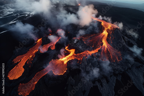 High aerial view of red hot lava flowing from a volcano