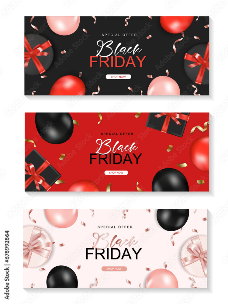 Black friday horizontal sale banner set with realistic glossy balloons, gift box and ribbon text on background. Vector illustration