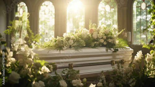 White wooden coffin with white flowers in church on the funeral