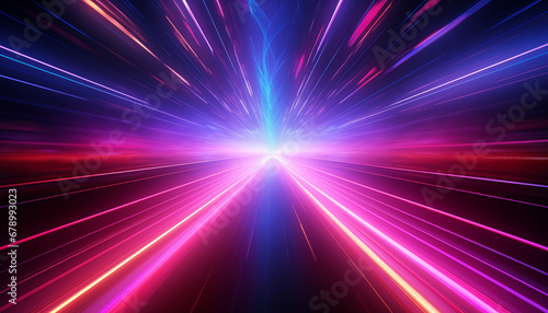 An Illustration of Blurred Speed, Digital Energy, and Three-Dimensional Abstract Patterns on the Fast Blue Business Road. Cyber Neon Grids and Pink Retro Scenes Blend with the Science Fiction Glow, Cr
