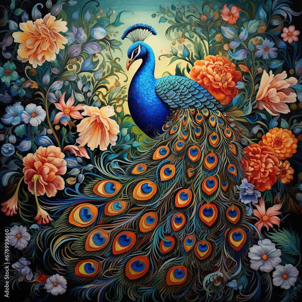 Fototapeta premium Joyful Peacock Surrounded by Seasonal Florals