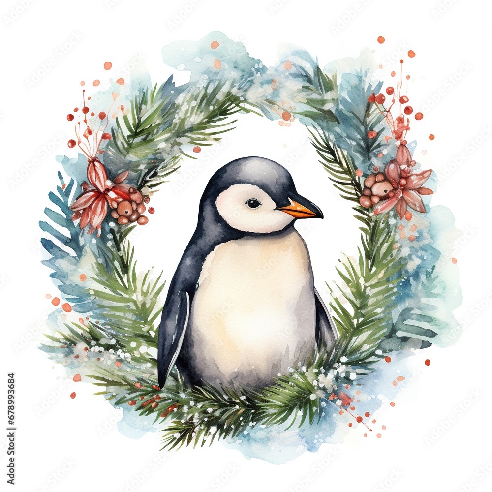 Naklejka premium Joyful Penguin in Wreath Garland Illustration