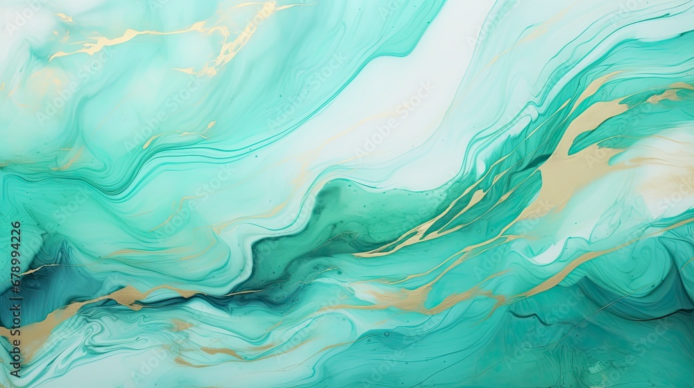 Cyan Mint and Teal Turquoise Marbled Background with Golden Lines and Brush Stains. Cyan Mint and Teal Turquoise Marbled Background with Golden Lines and Brush Stains.