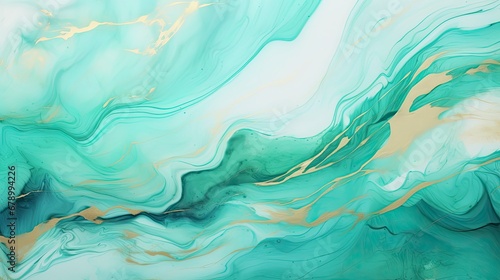Cyan Mint and Teal Turquoise Marbled Background with Golden Lines and Brush Stains.