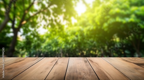 Wooden Table Top with Blurred Green Park Garden as Background.