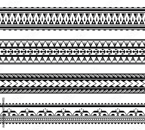 Set of maori polynesian tattoo bracelets border. Tribal sleeve seamless pattern vector. Samoan bracelet tattoo design fore arm or foot.