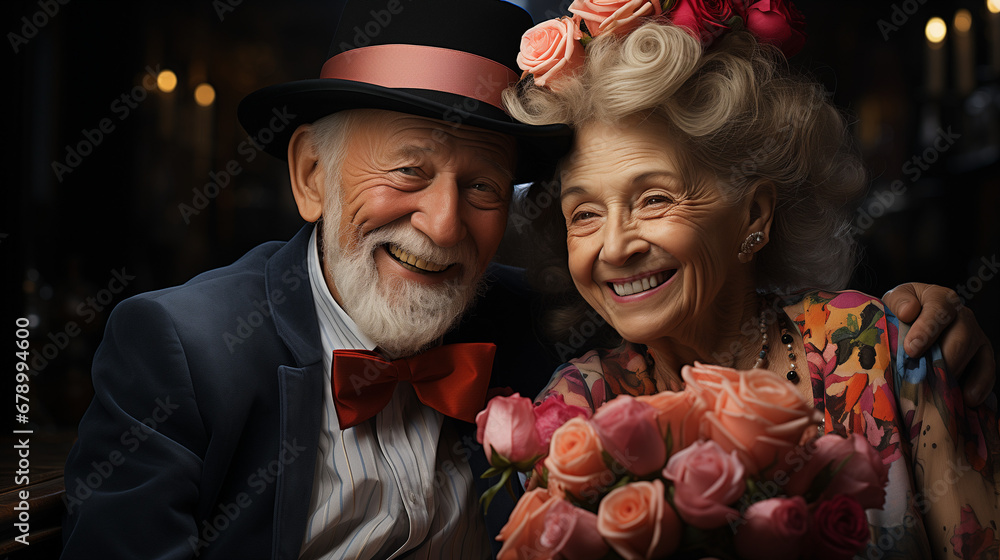 Beautiful happy elderly couple, attractive old man and woman in dress and suits smiling at celebration, birthday, marriage anniversary party with flower bouquet. Beautiful happy elderly couple, attractive old man and woman in dress and suits smiling at celebration, birthday, marriage anniversary party with flower bouquet.