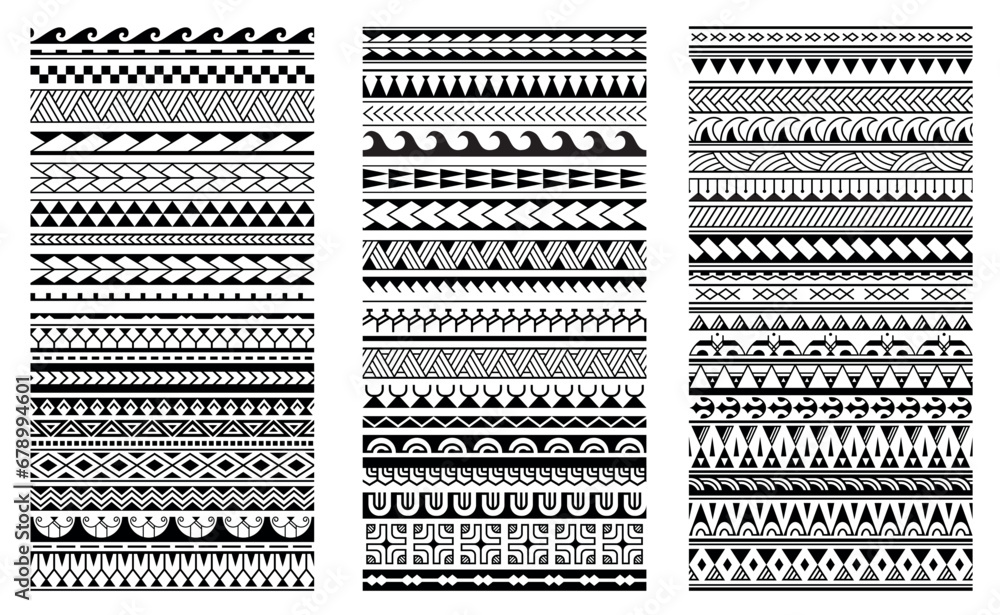 Set of maori polynesian tattoo bracelets border. Tribal sleeve seamless pattern vector. Samoan bracelet tattoo design fore arm or foot. - obrazy, fototapety, plakaty 
