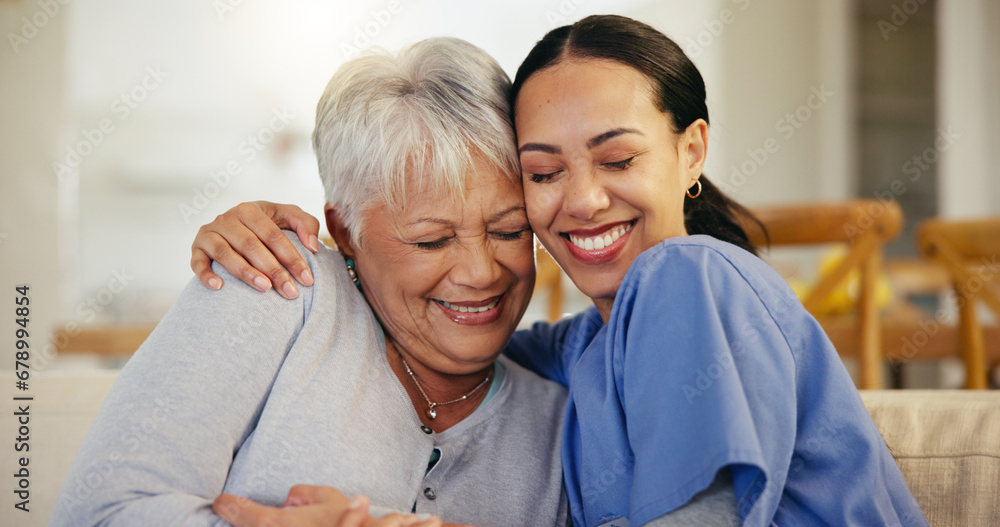 Obraz premium Happy woman, nurse and hug in elderly care for support, trust or love on living room sofa at old age home. Face of female person, doctor or medical caregiver hugging senior patient in relax at house