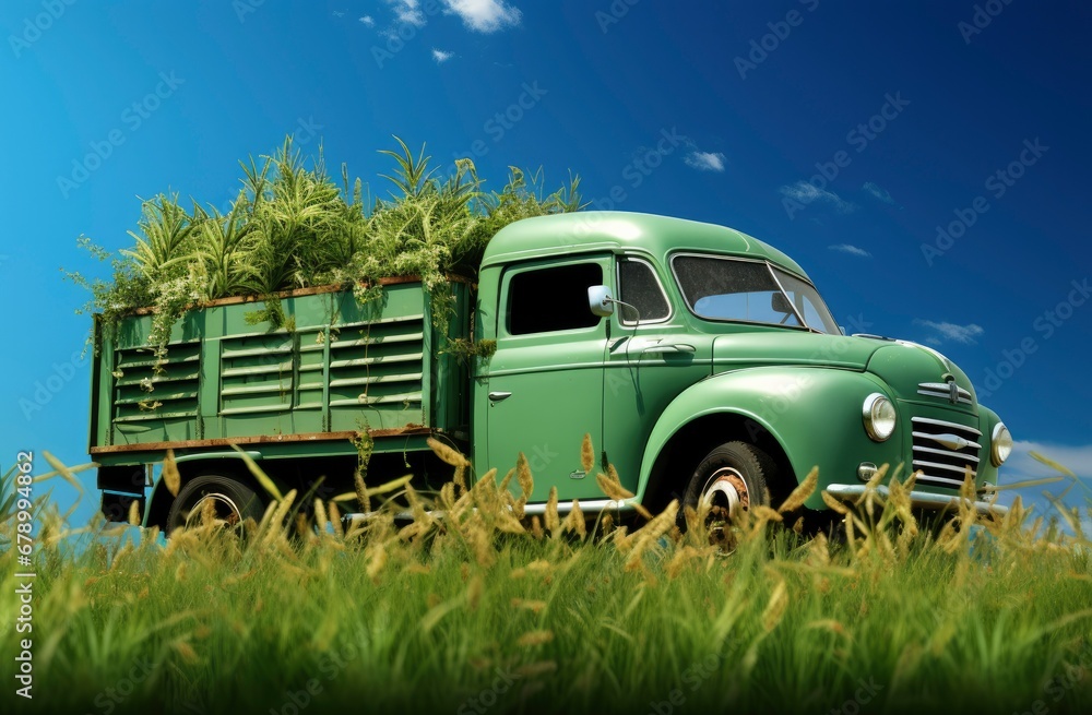 Futuristic Green Truck Parked on Grass Under Blue Sky.