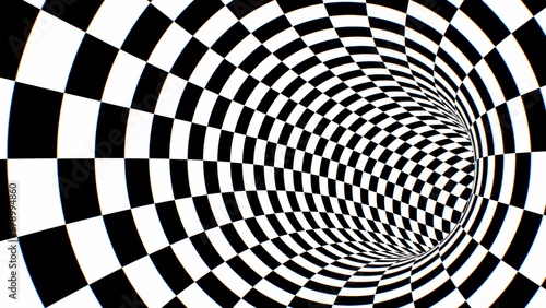 Inside Black And White Circular Checkerboard Optical Illusion Tunnel - Abstract Background Texture