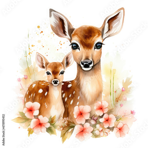 Cute mom and baby deer with flower Illustration, Generative Ai © Creative Artist