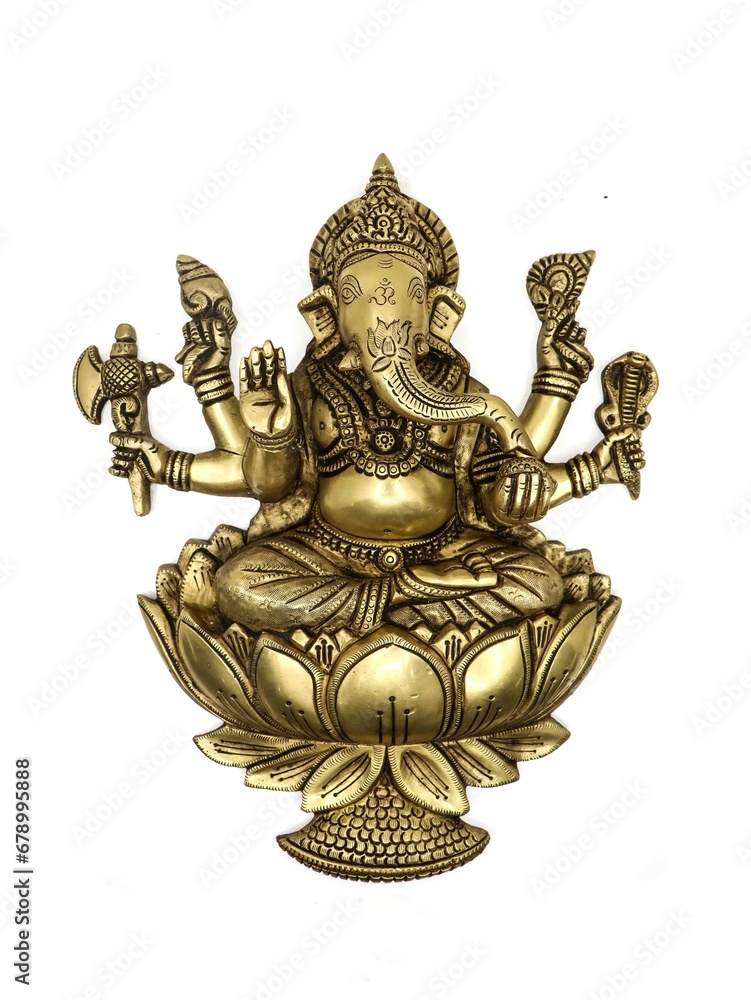 gold statue of hindu god lord ganesh with multiple hands sitting with legs crossed in a lotus flower isolated in a white background