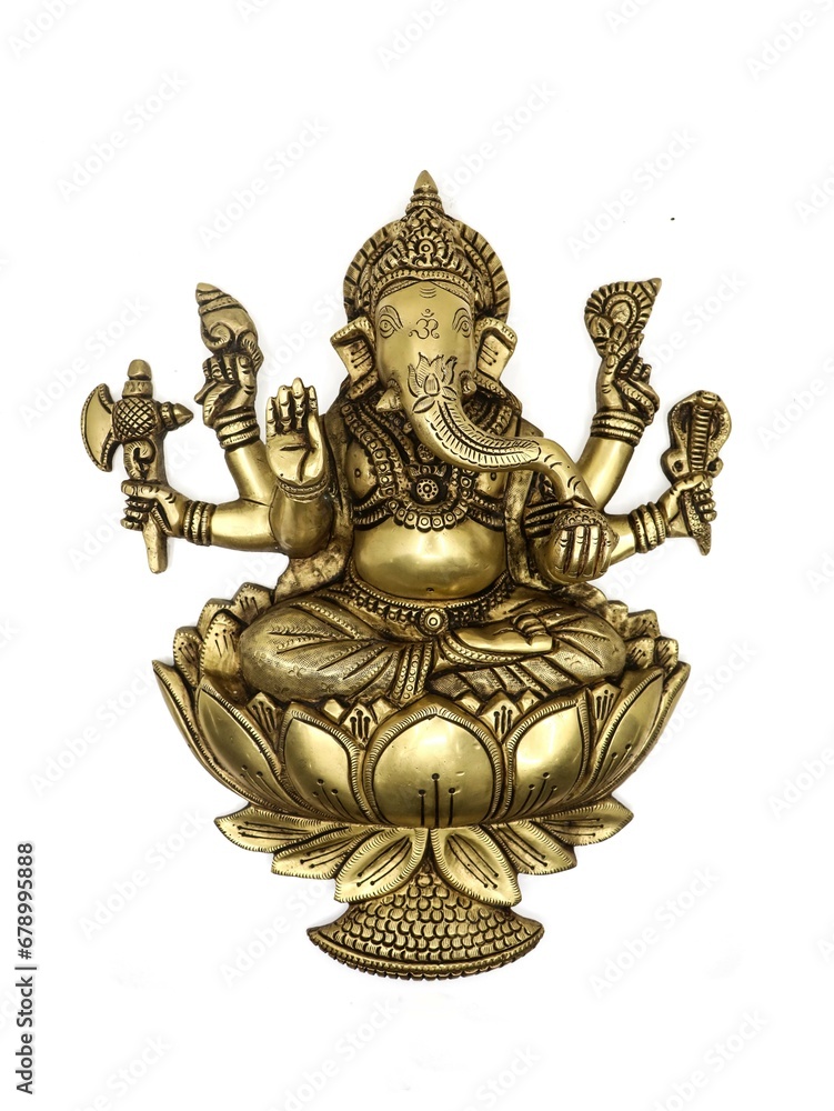 Fototapeta premium gold statue of hindu god lord ganesh with multiple hands sitting with legs crossed in a lotus flower isolated in a white background