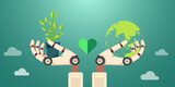 Robot hand holding green plant or tree seedlings and green Earth,
concept of applying Ai,Artificial Intelligence Technology in Agriculture and nature conservation,Clean energy AI technology.