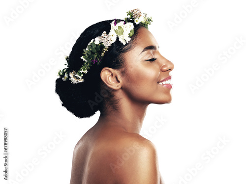 Profile, beauty and flower crown for wellness with a black woman isolated on transparent background. Skincare, smile and wreath with natural young model on PNG for health, sustainability or cosmetics © Mayur/peopleimages.com