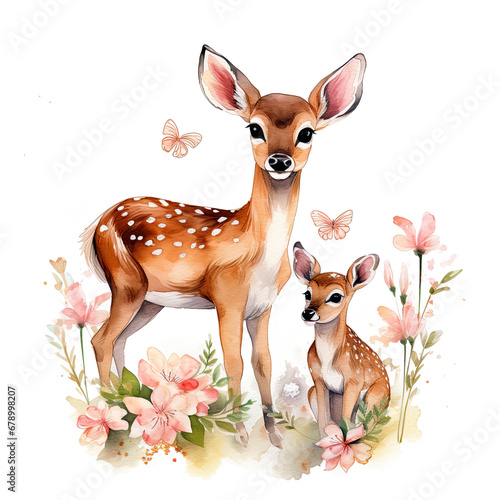 Cute mom and baby deer with flower Illustration, Generative Ai