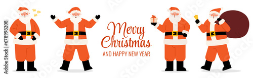 Happy Santa Clauses characters and lettering greeting Merry Christmas. Vector holiday banner design in flat style on white background
