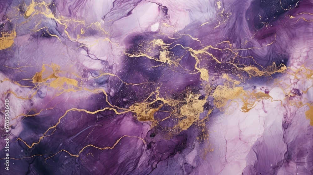 Abstract Purple Marble Texture with Golden Splashes Luxury Background.