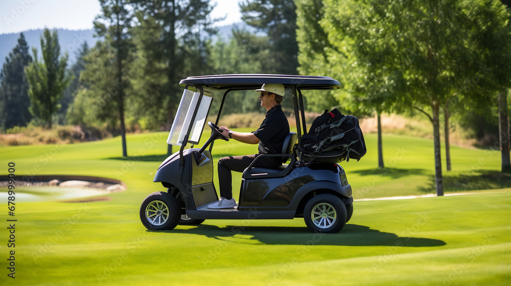 Man golfer driving golf cart on golf course in summer sunny day, outdoor activity lifestyle sport concept