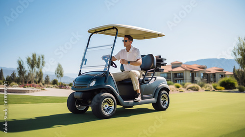 Man golfer driving golf cart on golf course in summer sunny day, outdoor activity lifestyle sport concept photo