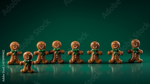 multible small brown gingerbread man patterned in various positions on a dark green background, copy space, 16:9