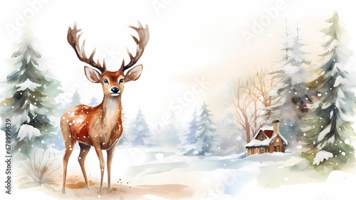 Reindeer in Winter Wonderland, Christmas Invitation Card Theme, Template in watercolor, xmas Card, generated ai