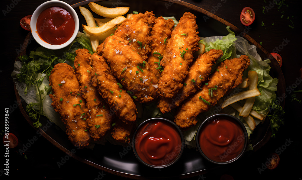 Golden Crunch: Overhead View of Breaded Chicken Tenders with Ketchup Golden Crunch: Overhead View of Breaded Chicken Tenders with Ketchup