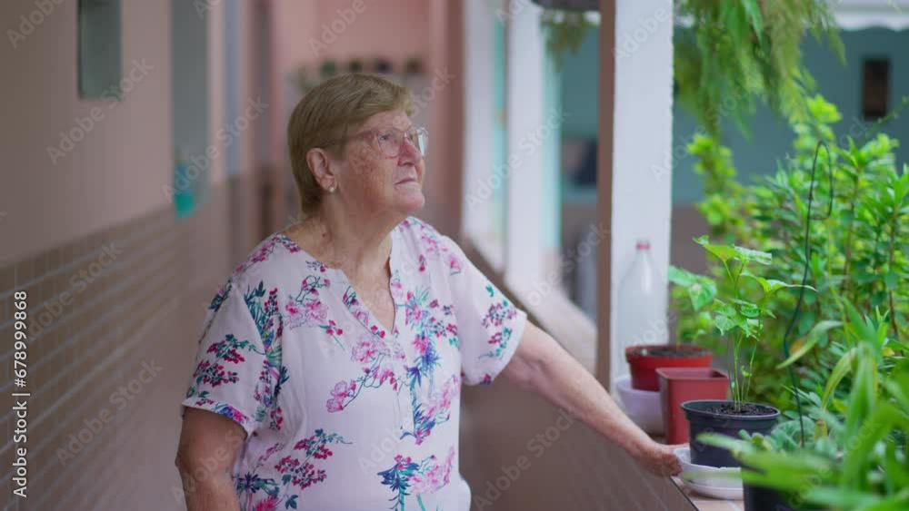 Pensive elderly woman gazing in outside home backyard. Retired Thoughtful senior female person in her 80s daydreaming in residence Pensive elderly woman gazing in outside home backyard. Retired Thoughtful senior female person in her 80s daydreaming in residence