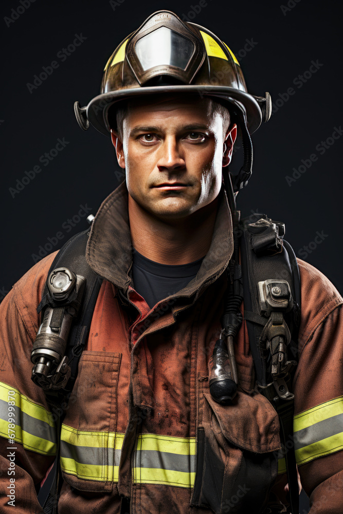 Fototapeta premium Portrait of Handsome fireman in workwear looking at camera. Portrait of brave, serious male firefighter in protective helmet, on gray background. Concept of profession, work.