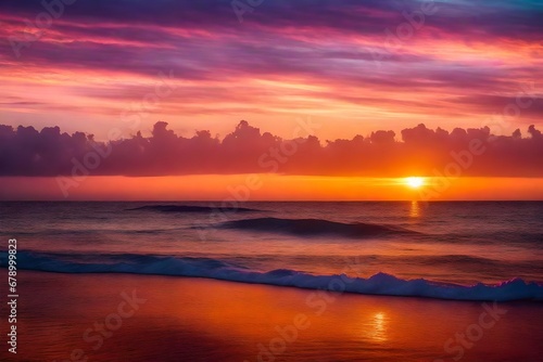 Photo of sunset over a calm ocean  with hues of orange  pink  and purple painting the sky