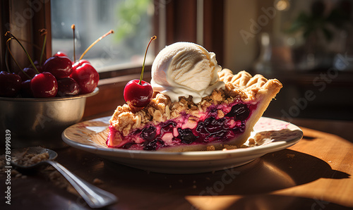 Cherry Delight: Slice of Cherry Pie Topped with Ice Cream on a Plate