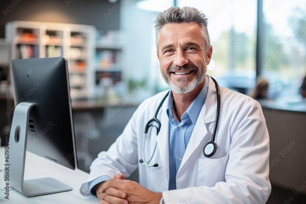Portrait Of Smiling Male Doctor Wearing White Coat With Stethoscope Sitting Behind Desk In Office. Portrait Of Smiling Male Doctor Wearing White Coat With Stethoscope Sitting Behind Desk In Office.