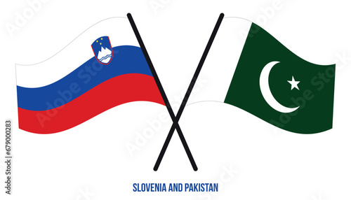 Slovenia and Pakistan Flags Crossed And Waving Flat Style. Official Proportion. Correct Colors.