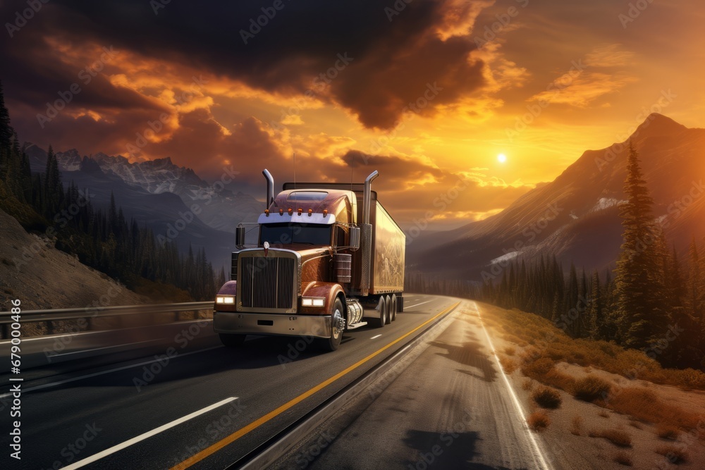 Truck or lorry is on the road highway in mountain at sunset