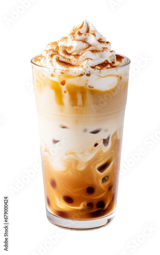 Banana milkshake with chocolate and cream decorated with fruit and chocolate portions around on white isolated background. Front view.