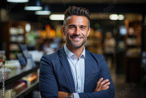 Portrait  man and pharmacist with arms crossed in pharmacy or drugstore. Healthcare  wellness and happy  proud and confident smile of male medical professional  expert or doctor from Canada in shop